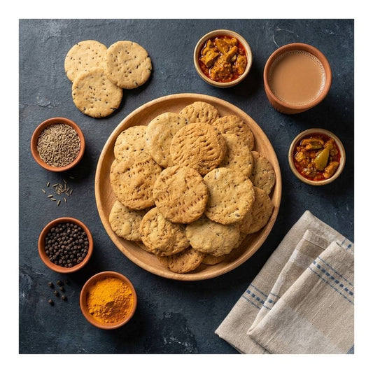 A top-down styled food scene showing a large wooden plate piled with round mathri, surrounded by small clay bowls of spices, seeds, and a cup of tea on a dark textured surface.