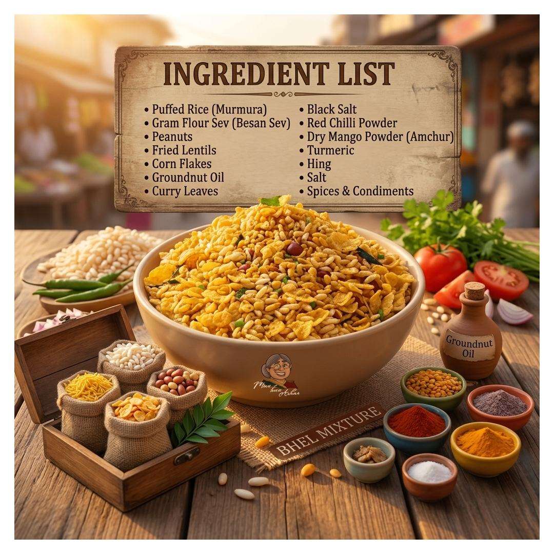 A styled food scene showing a large bowl of prepared BHEL MIXTURE mixture on a wooden table, surrounded by small bowls of spices, beans, lentils, curry leaves, tomatoes, and a handwritten ingredient list sign above. The product appears to be a prepared food dish rather than packaging or a chart.