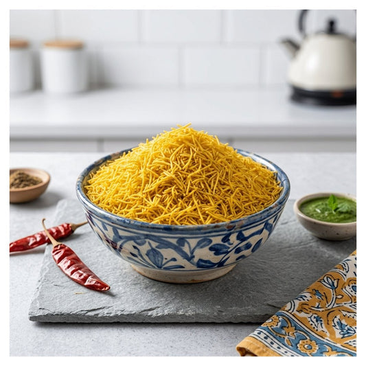 A bowl filled with kashmiri sev set on a gray stone board with red chilies, a small dish of green chutney, and a patterned cloth in a bright kitchen setting.