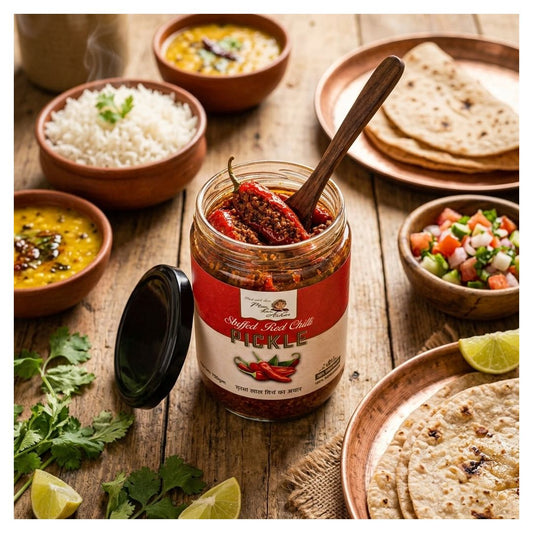 A jar of Spicy Red Chili Pickle with its lid off, surrounded by various Indian dishes like rice, curries, flatbread, and a fresh salsa on a rustic wooden table.