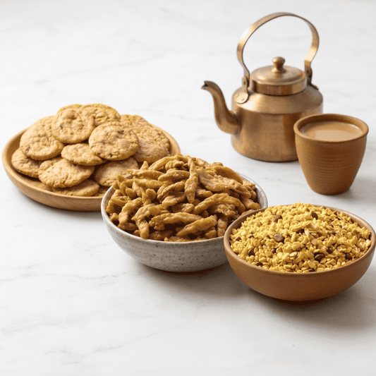 A styled food scene on a light marble surface showing a plate of round cookies, a bowl of fried snack pieces, a bowl of yellow-green crushed snack mixture, and a small terracotta cup beside a brass teapot.