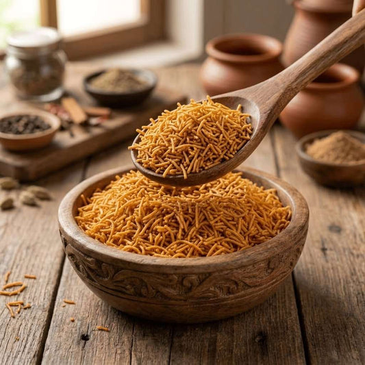Sev being spooned from carved wooden bowl with spices and clay pots in background