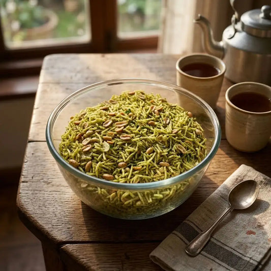 Green-seasoned fariyali mixture with peanuts in a glass bowl beside cups of tea.