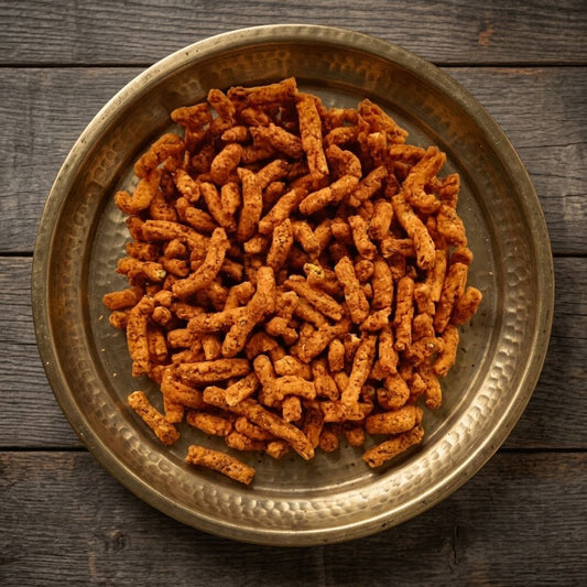 Fulwadi - crispy spiced Indian namkeen snack served on a traditional brass thali, top-down view of a Gujarati fried lentil snack
