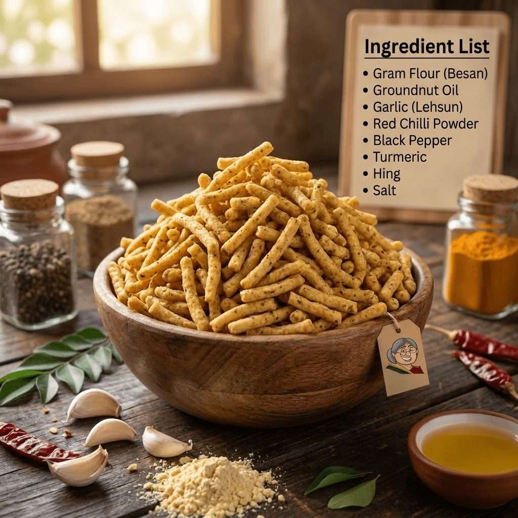 Garlic Sev ingredient list - made with gram flour, groundnut oil, garlic, red chilli powder, black pepper, turmeric, hing, and salt, shown with a bowl of crispy garlic sev snack