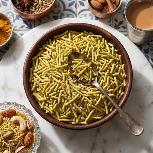 Milk sev in wooden bowl with spoon, chai, dry fruits and blue tile background