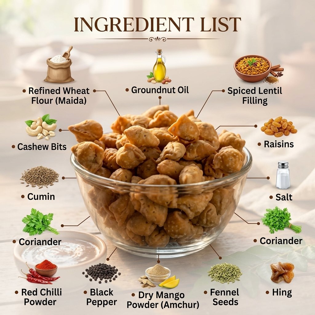 Mini samosa ingredients - maida, groundnut oil, lentil filling, cashews, raisins, spices, hing