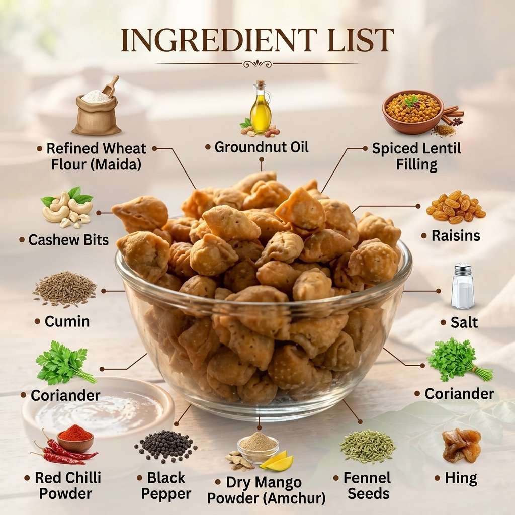 Mini samosa ingredients - maida, groundnut oil, lentil filling, cashews, raisins, spices, hing