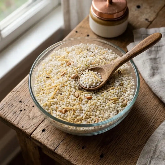 Meetha sabudana khichdi with peanuts served in a glass bowl.
sabudana-khichdi-meetha-spoon-shopify-hero.webp