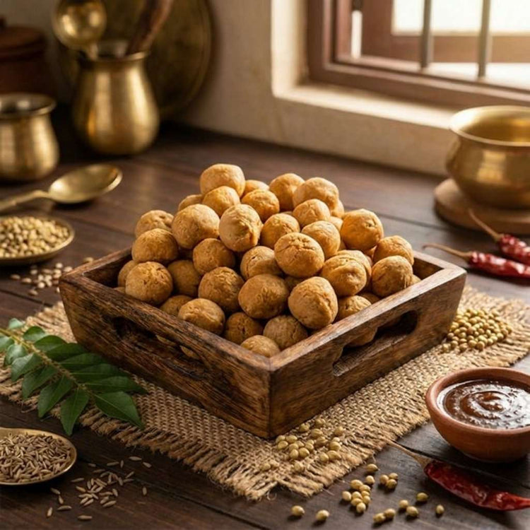 Mini masala kachori stacked in wooden crate with brass vessels and dried chillies