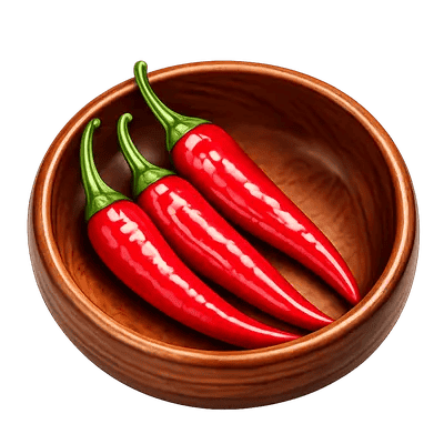 Spicy red chilli pickle collection icon with chillies in wooden bowl