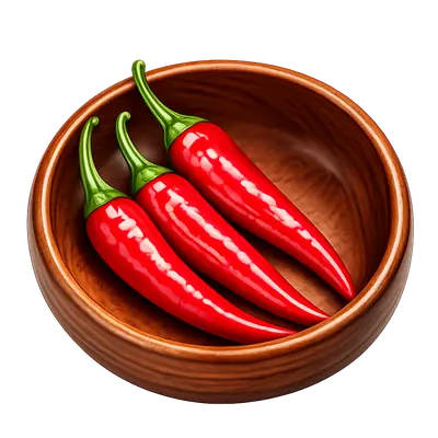 Spicy red chilli pickle collection icon with chillies in wooden bowl