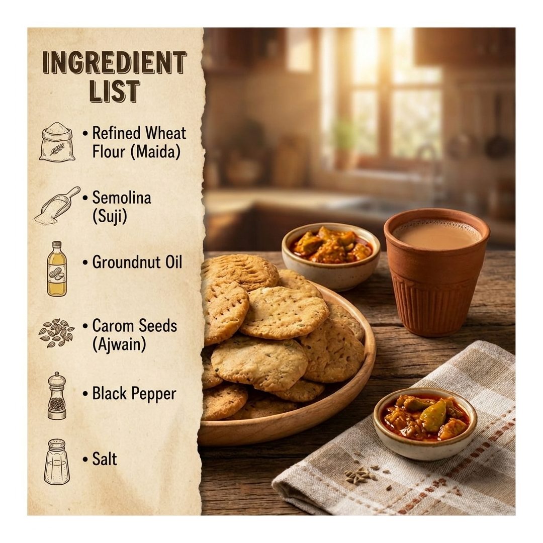 A recipe-style ingredient list graphic for mathri recipe, with text listing refined wheat flour, semolina, groundnut oil, carom seeds, black pepper, and salt beside a warm kitchen scene showing a plate of round mathri, two small bowls of chutney, and a clay cup on a wooden table.