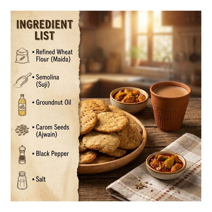 A recipe-style ingredient list graphic for mathri recipe, with text listing refined wheat flour, semolina, groundnut oil, carom seeds, black pepper, and salt beside a warm kitchen scene showing a plate of round mathri, two small bowls of chutney, and a clay cup on a wooden table.