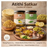 Atithi Satkar combo with homemade pickles, papad, namkeen, and Indian snacks for guests