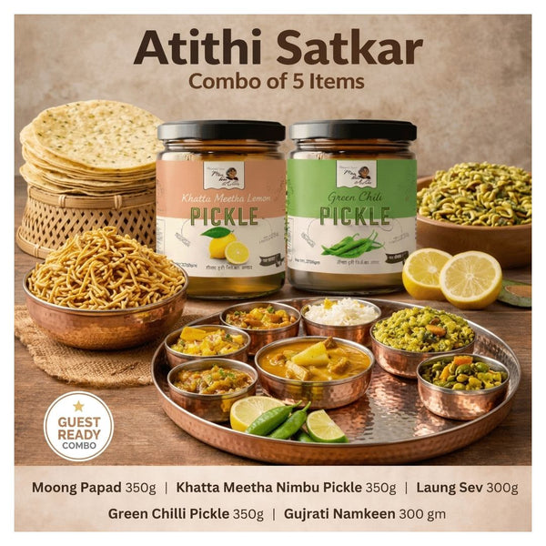 Atithi Satkar combo with homemade pickles, papad, namkeen, and Indian snacks for guests