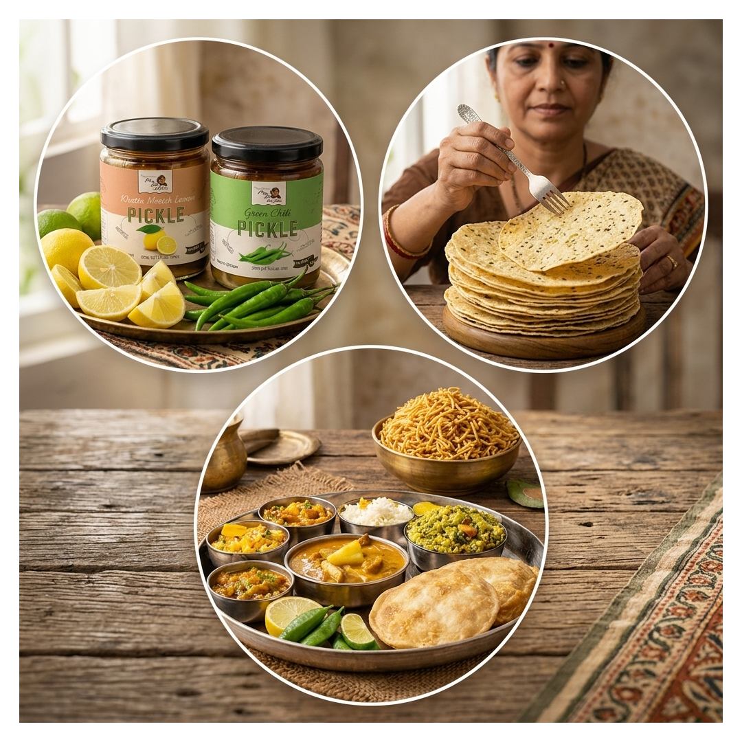Maa Kaa Achar Atithi Satkar Combo featuring homemade pickles, moong papads, laung sev, Gujarati namkeen, and a complete Indian meal presentation for gifting and family dining.