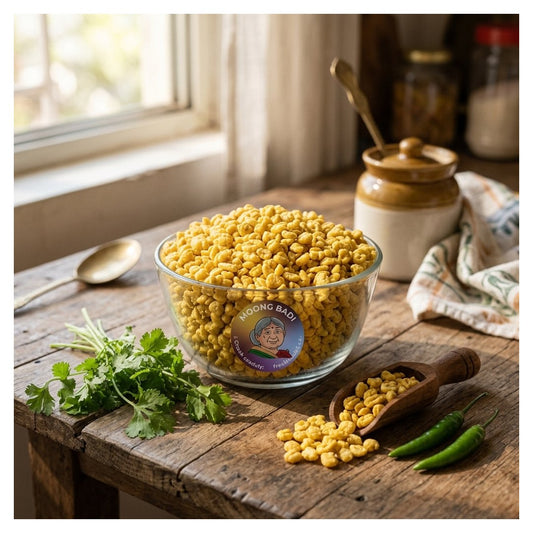 A clear glass bowl filled with yellow popcorn kernels sits on a rustic wooden table, with a round sticker label reading 'moong BAD!'. A wooden scoop holds more popcorn kernels, alongside green chilies and a sprig of cilantro, with a ceramic jar and window in the softly lit background.