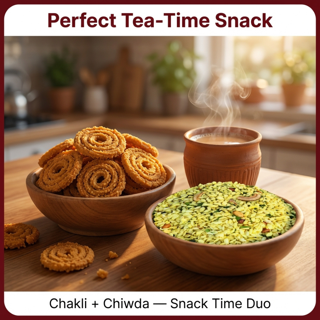 Snack Time Snack Time Duo – Crispy Chakli 300g + Classic Chiwda 300g | Indian Savory Snack Combo Pack - Maa Kaa Achar