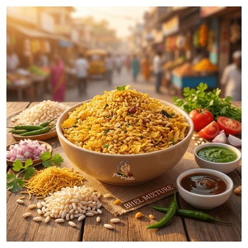Bhel mixture with crispy puffed rice, sev, onions, tomatoes, and chutneys on a rustic table, street food vibe