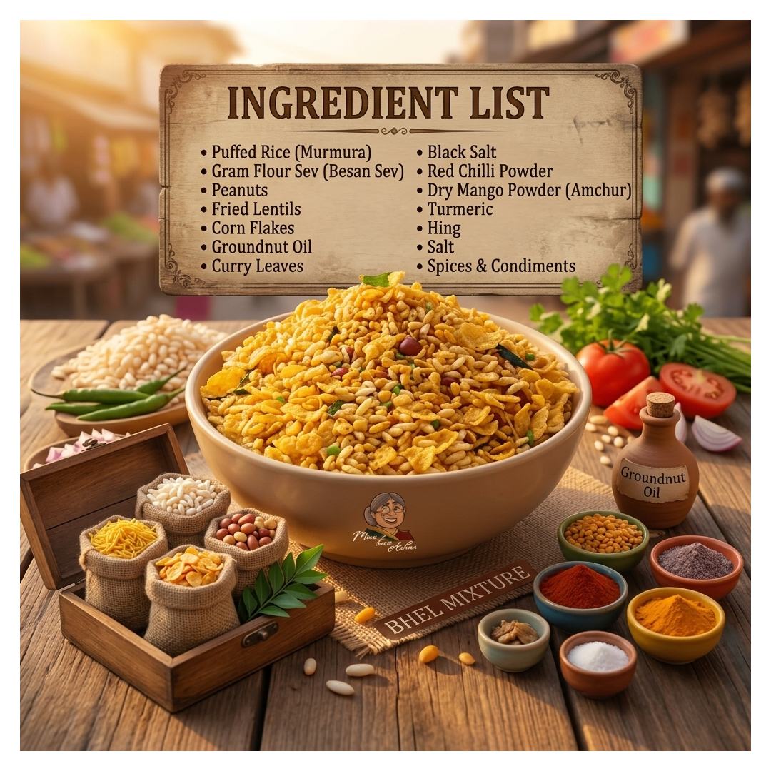 A styled food scene showing a large bowl of prepared BHEL MIXTURE mixture on a wooden table, surrounded by small bowls of spices, beans, lentils, curry leaves, tomatoes, and a handwritten ingredient list sign above. The product appears to be a prepared food dish rather than packaging or a chart.