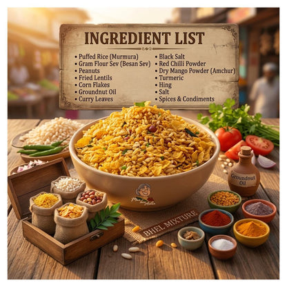 A styled food scene showing a large bowl of prepared BHEL MIXTURE mixture on a wooden table, surrounded by small bowls of spices, beans, lentils, curry leaves, tomatoes, and a handwritten ingredient list sign above. The product appears to be a prepared food dish rather than packaging or a chart.