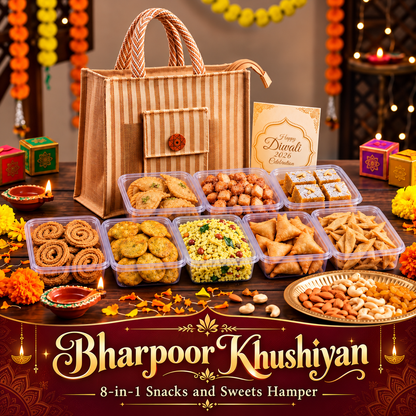 Maa Kaa Achar Bharpoor Khushiyan 8-in-1 Snacks and Sweets Diwali Gift Hamper with assorted Indian festive treats