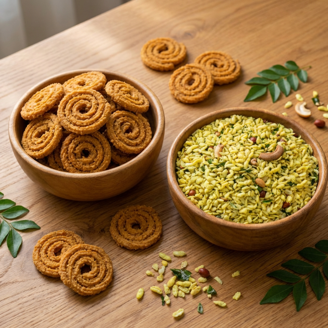 Snack Time Snack Time Duo – Crispy Chakli 300g + Classic Chiwda 300g | Indian Savory Snack Combo Pack - Maa Kaa Achar