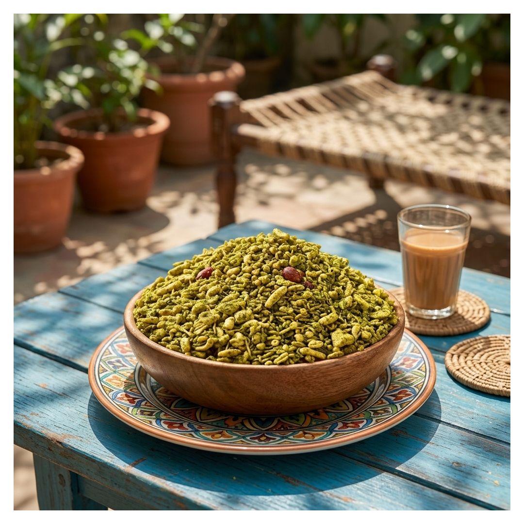 A wooden bowl filled with green pistachio nuts sits on a decorative plate on a blue wooden table, with a glass of milk tea and woven placemats on a sunny patio with potted plants in the background.