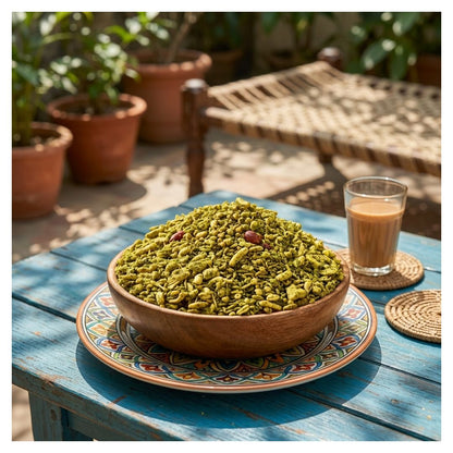 A wooden bowl filled with green pistachio nuts sits on a decorative plate on a blue wooden table, with a glass of milk tea and woven placemats on a sunny patio with potted plants in the background.