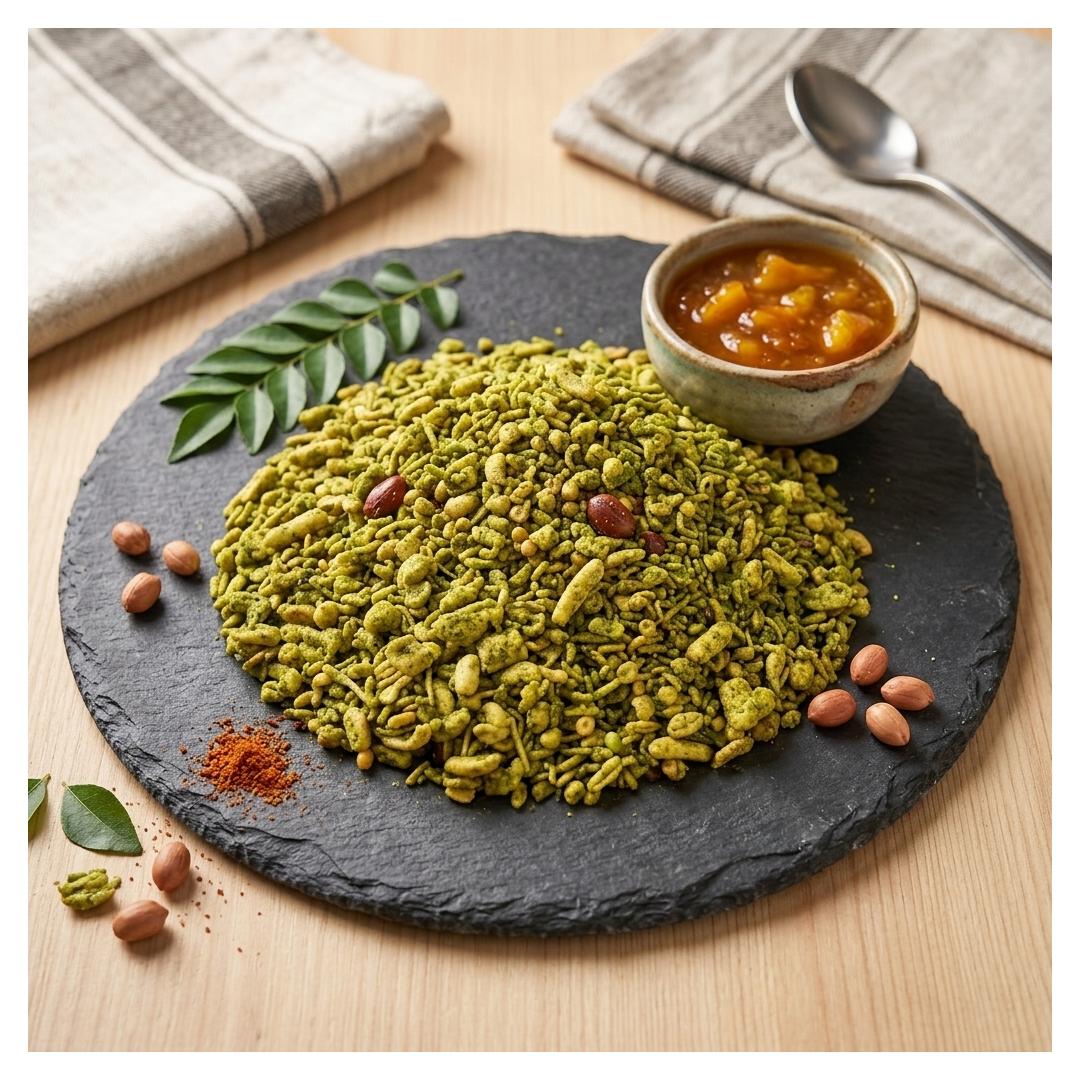A styled Gujrati Namkeen by Maa Kaa Achar Indore showing a mound of green pistachio-flavored snack or cereal on a round black slate platter, with a small bowl of orange chutney, scattered peanuts, leaves, and spices on a light wood table. A folded striped cloth and spoon are visible in the background.