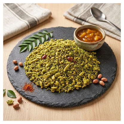 A styled Gujrati Namkeen by Maa Kaa Achar Indore showing a mound of green pistachio-flavored snack or cereal on a round black slate platter, with a small bowl of orange chutney, scattered peanuts, leaves, and spices on a light wood table. A folded striped cloth and spoon are visible in the background.