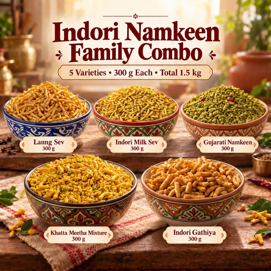 A promotional product graphic for the Indori Namkeen Family Combo, showing five bowls of different Indian snack varieties arranged on a rustic wooden table with decorative background props. The text at the top reads 'Indori Namkeen Family Combo' and lists the five varieties: Laung Sev, Indori Milk Sev, Gujarati Namkeen, Khatta Meetha Mixture, and Indori Gathiya, each labeled 300 g.