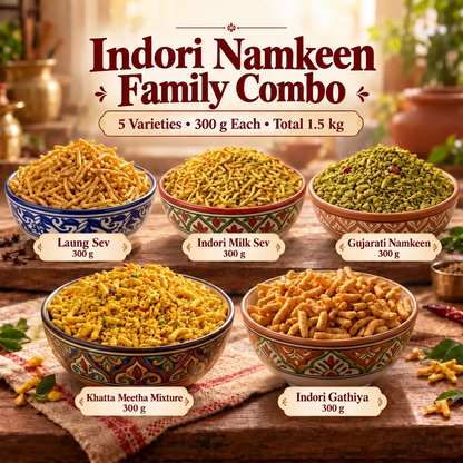 A promotional product graphic for the Indori Namkeen Family Combo, showing five bowls of different Indian snack varieties arranged on a rustic wooden table with decorative background props. The text at the top reads 'Indori Namkeen Family Combo' and lists the five varieties: Laung Sev, Indori Milk Sev, Gujarati Namkeen, Khatta Meetha Mixture, and Indori Gathiya, each labeled 300 g.