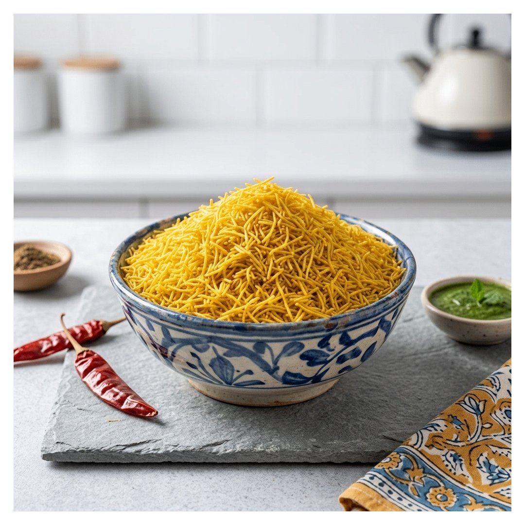 A bowl filled with kashmiri sev set on a gray stone board with red chilies, a small dish of green chutney, and a patterned cloth in a bright kitchen setting.