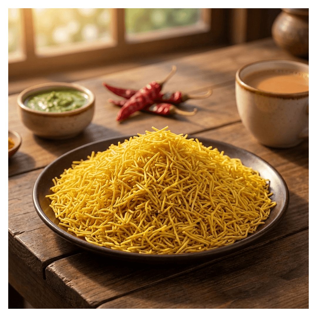 Crispy yellow sev snack on wooden table with chutney, red chilies, and tea cup — traditional Indian namkeen