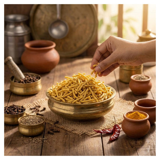 A hand is shown picking up crispy, golden-brown laung sev from a brass bowl filled with Laung sev. The bowl is set on a rustic wooden table surrounded by small clay pots of spices, whole spices, and red chilies, with a warm, cozy background.