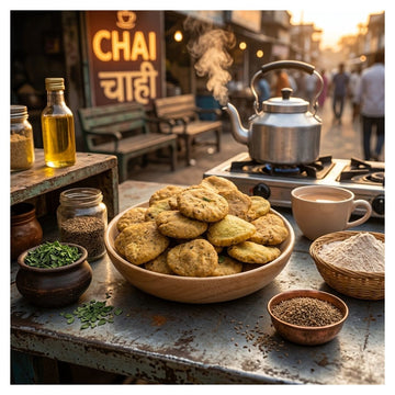 A wooden bowl filled with golden-brown methi mathri sits on a rustic table in a street-side setting, with a metal kettle on a small stove, a cup of tea, spices, and jars in the background. A blurred sign in the background reads “CHAI” in English and Hindi.