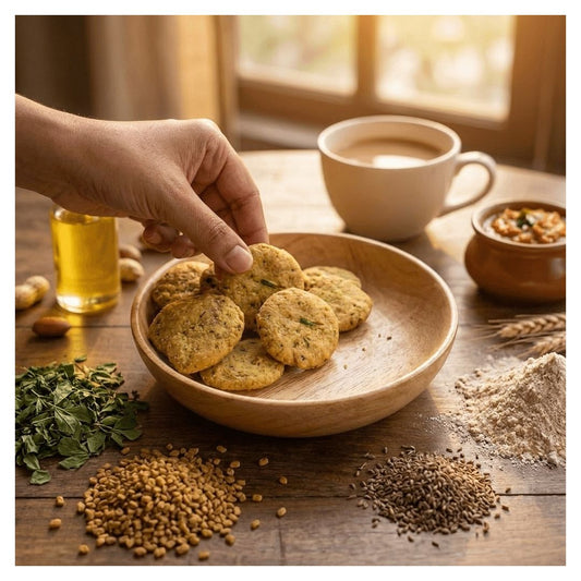 A hand reaches for a round golden-handemade methi mathri in groundnut oil in a wooden bowl, surrounded by baking ingredients like flour, seeds, herbs, and a cup of coffee on a rustic wooden table.