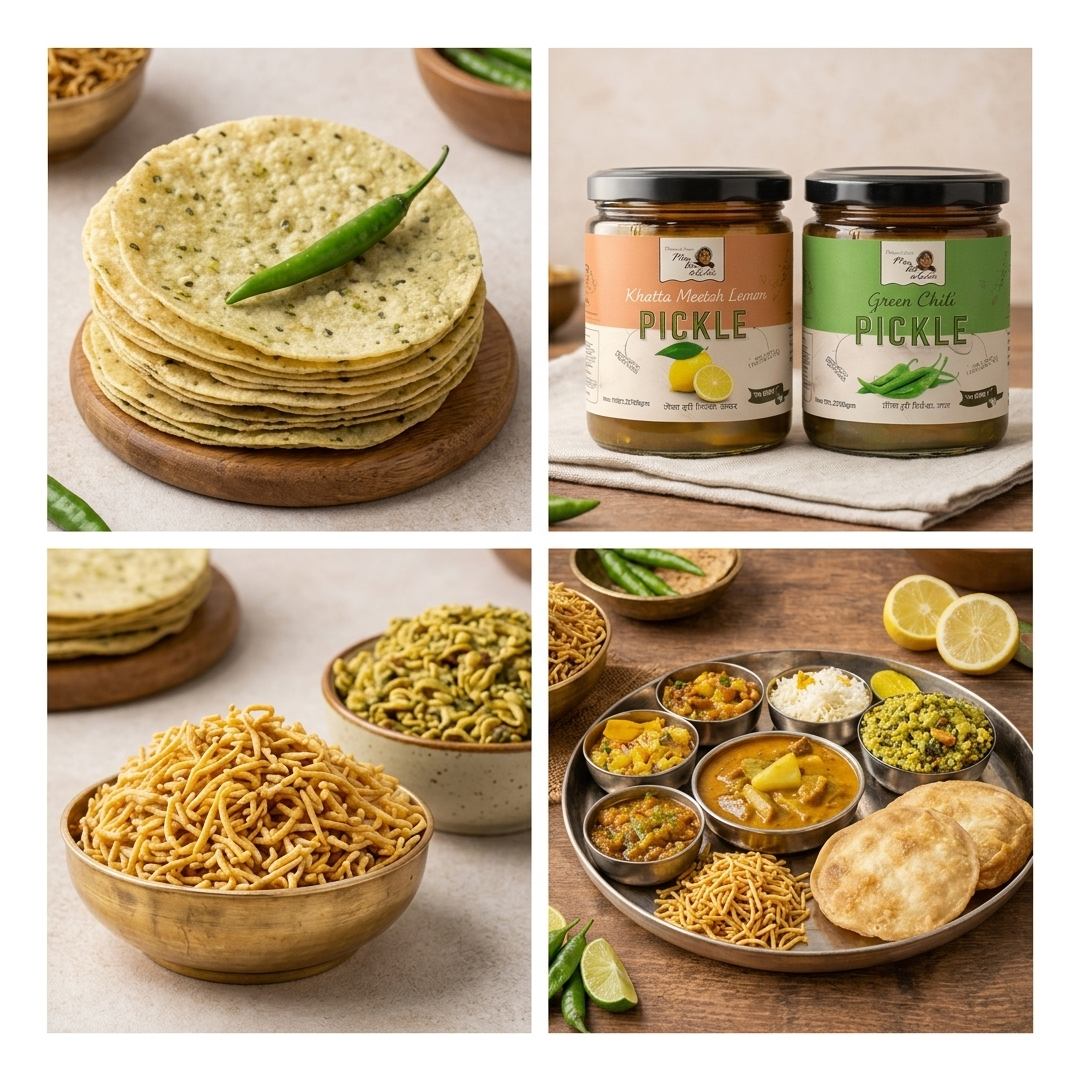 Maa Kaa Achar Atithi Satkar Combo featuring Moong Papads, Green Chilli Pickle, Lemon Pickle, Laung Sev, Gujarati Namkeen, and a ready-to-serve Indian meal platter.