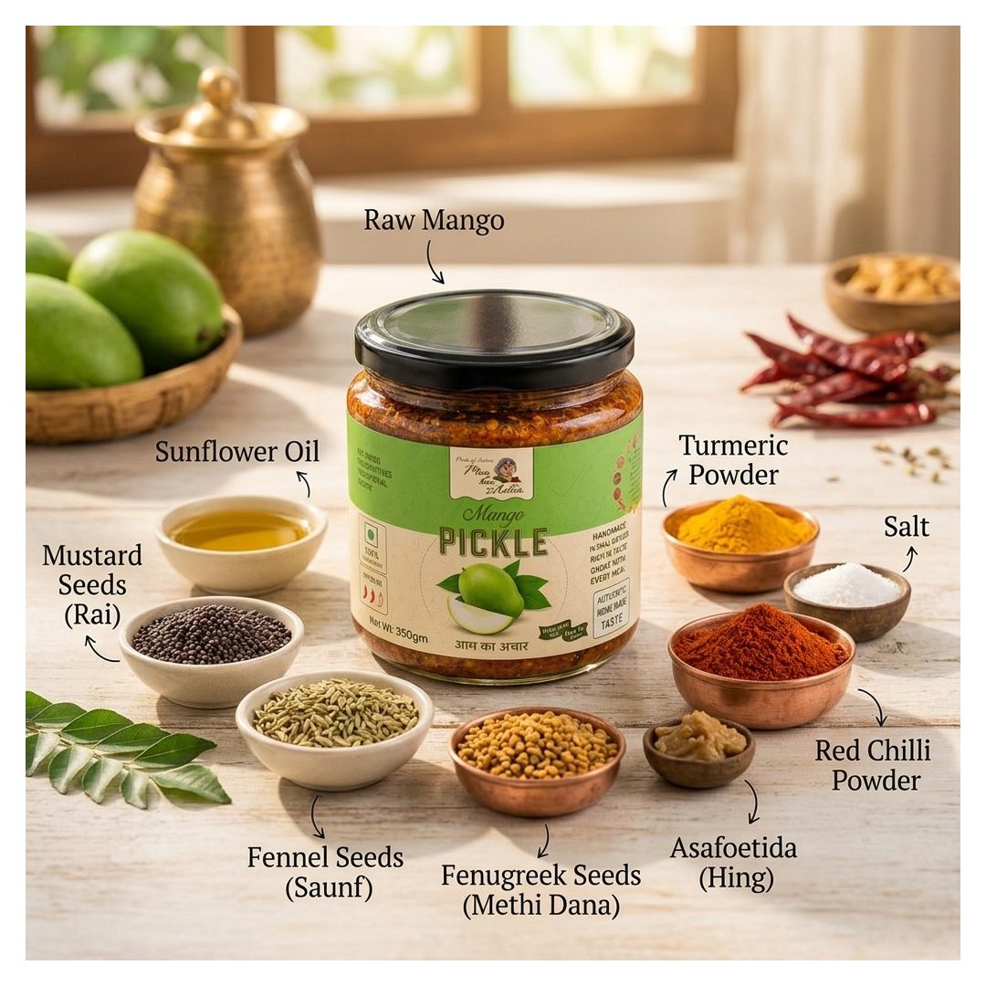 Traditional Mango Pickle ingredients infographic showing raw mango, mustard seeds, fennel seeds, fenugreek seeds, turmeric, red chilli powder, sunflower oil, hing, and salt used in Maa Kaa Achar homemade mango pickle.