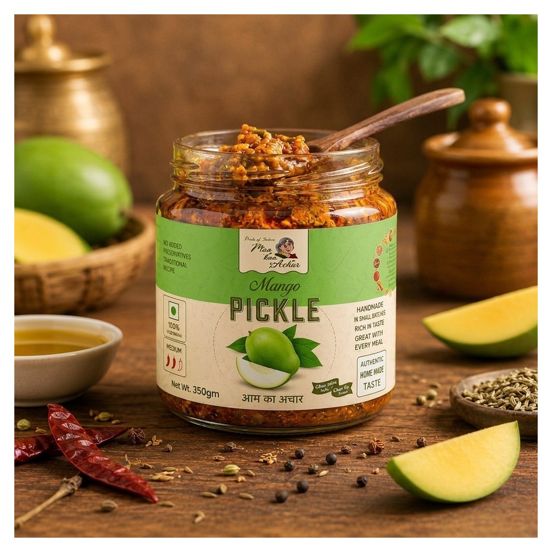 Homemade Mango Pickle 350gm open jar with wooden spoon, traditional Indian achar made from raw mangoes and natural spices by Maa Kaa Achar.