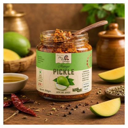 Homemade Mango Pickle 350gm open jar with wooden spoon, traditional Indian achar made from raw mangoes and natural spices by Maa Kaa Achar.