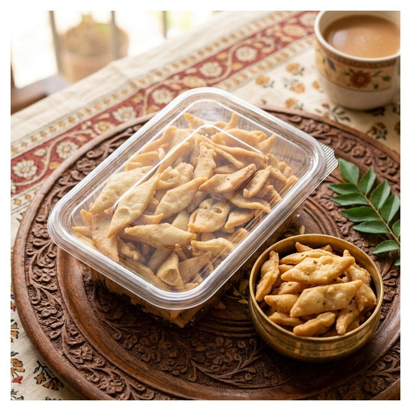 namakpara served with chai crispy Indian snack Maa Kaa Achar