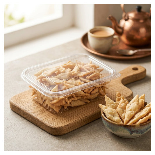 A clear plastic container filled with triangular namakpara/nimki snacks sits on a wooden board on a countertop, with a small bowl of similar snacks and a blurred teapot and cup in the background.