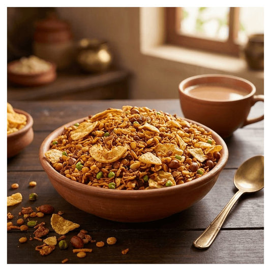 Maa Kaa Achar Homemade Indian namkeen snack mix with peanuts, chickpeas, and crispy bits in clay bowl, served with tea
