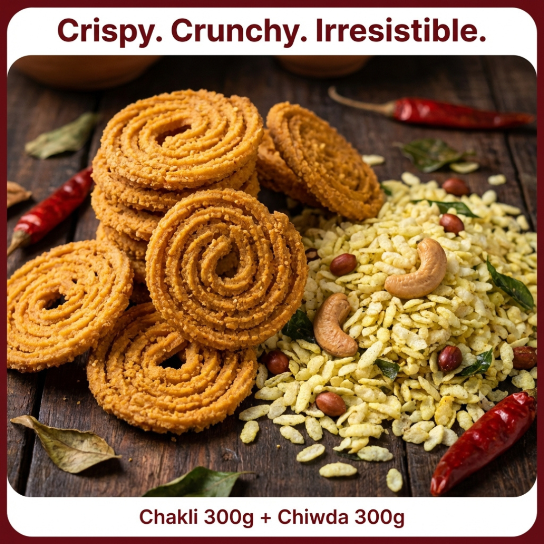 Snack Time Snack Time Duo – Crispy Chakli 300g + Classic Chiwda 300g | Indian Savory Snack Combo Pack - Maa Kaa Achar