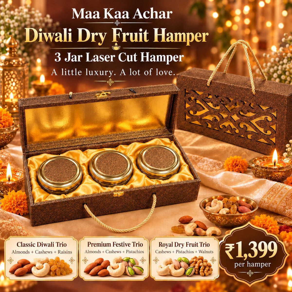 Shagun Luxe Trio – 3 Jar Dry Fruit Hamper in Laser Cut Gift Box, 450 g
