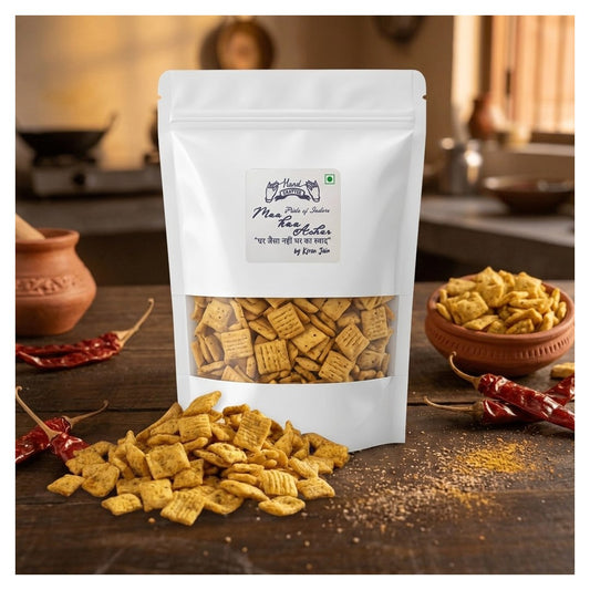 A white stand-up pouch of Maa Made of Thikee Papdi displayed on a rustic wooden table with scattered crackers, red chili peppers, and a small bowl of crackers in the background.