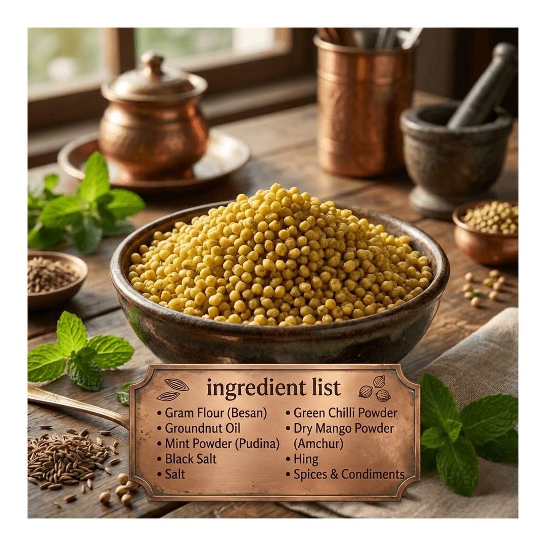 A rustic wooden table scene filled with ingredients for a recipe, centered on a dark bowl of pudina bundi. Surrounding elements include copper utensils, mint leaves, spices, and a parchment-style ingredient list label overlay listing items such as gram flour, groundnut oil, mint powder, black salt, and green chili powder.